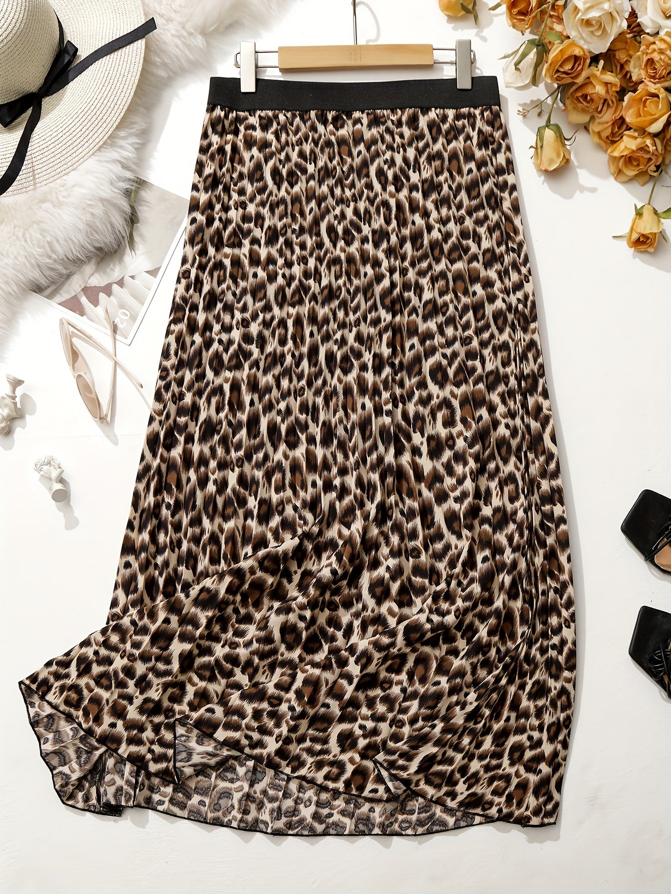 Leopard Print Elastic Waist A-line Pleated Skirt