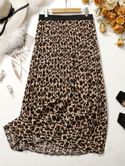 Leopard Print Elastic Waist A-line Pleated Skirt