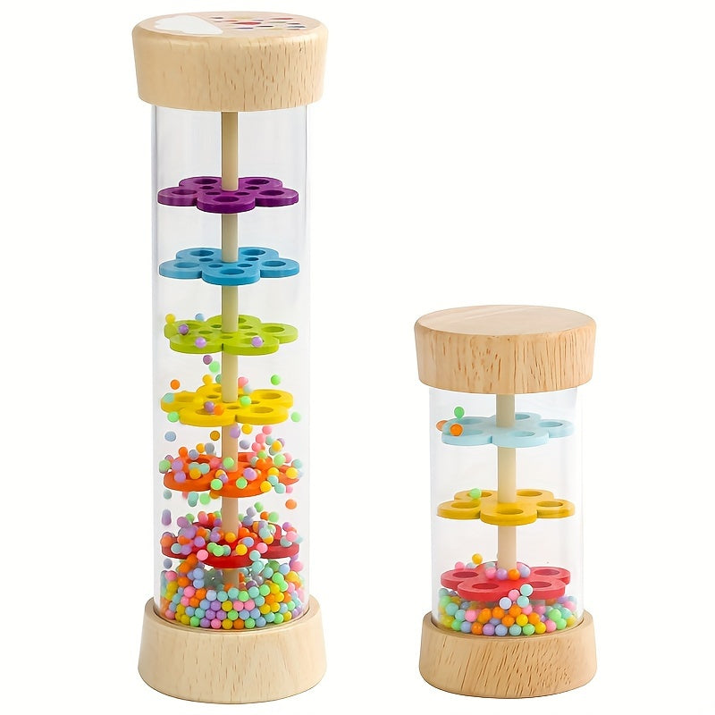 Recycled Wood Rain Sound Tube Toy with Colorful Beads & Alphabet Rings