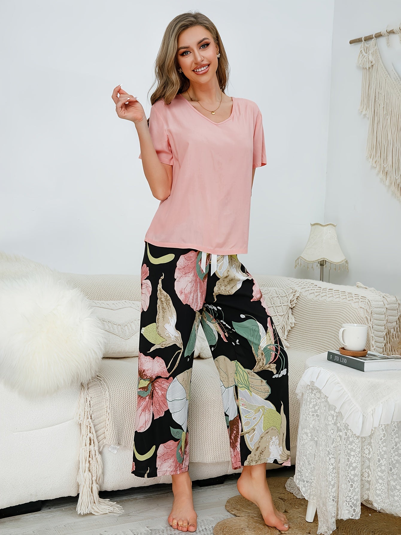 Floral Print Pajama Set Short Sleeve Top & Pants
