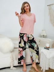 Floral Print Pajama Set Short Sleeve Top & Pants