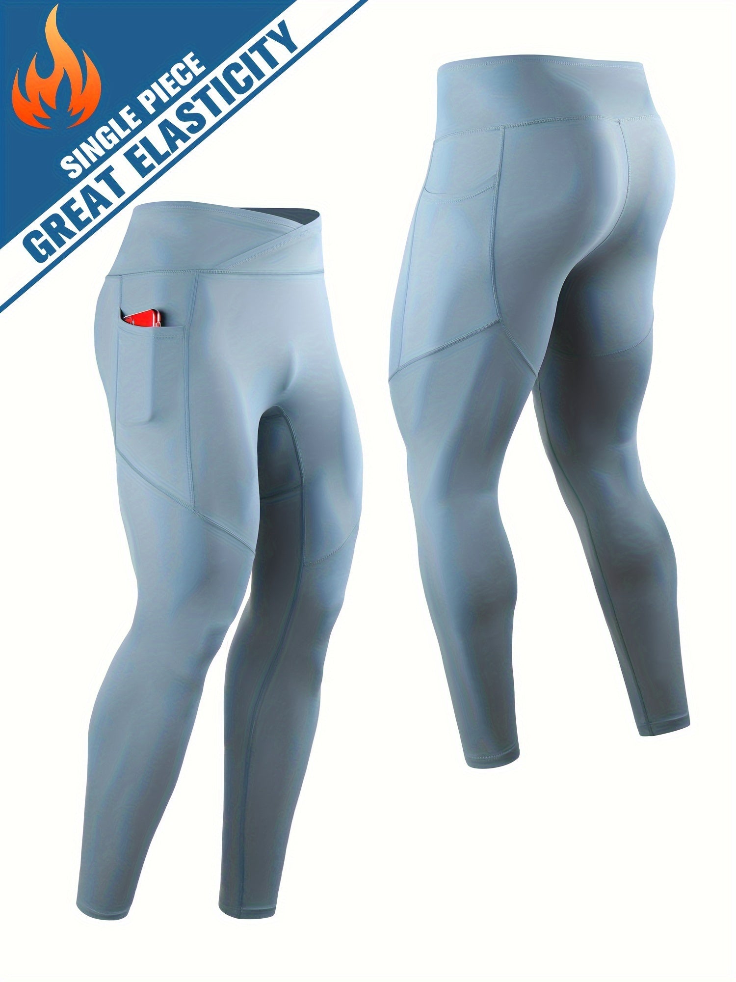 Men's Solid Pocket Leggings Compression Pants For Outdoor Running