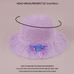 Girls Faux Pearl Bow Lace Hat Straw Sun Protection Kids Accessories