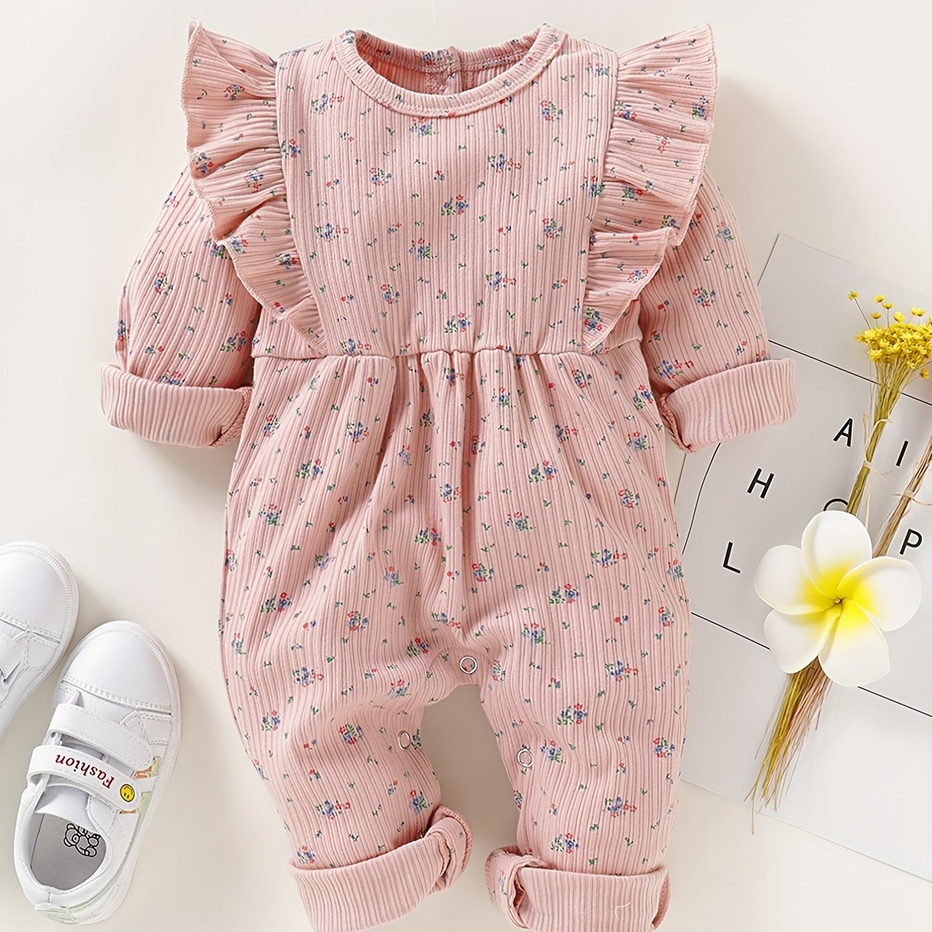 Infant Girl's Floral Print Romper Long Sleeve Bodysuit