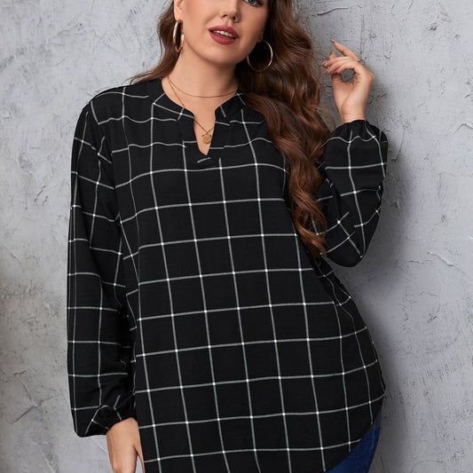 Grid Print Long Sleeve Notched Neckline Blouse