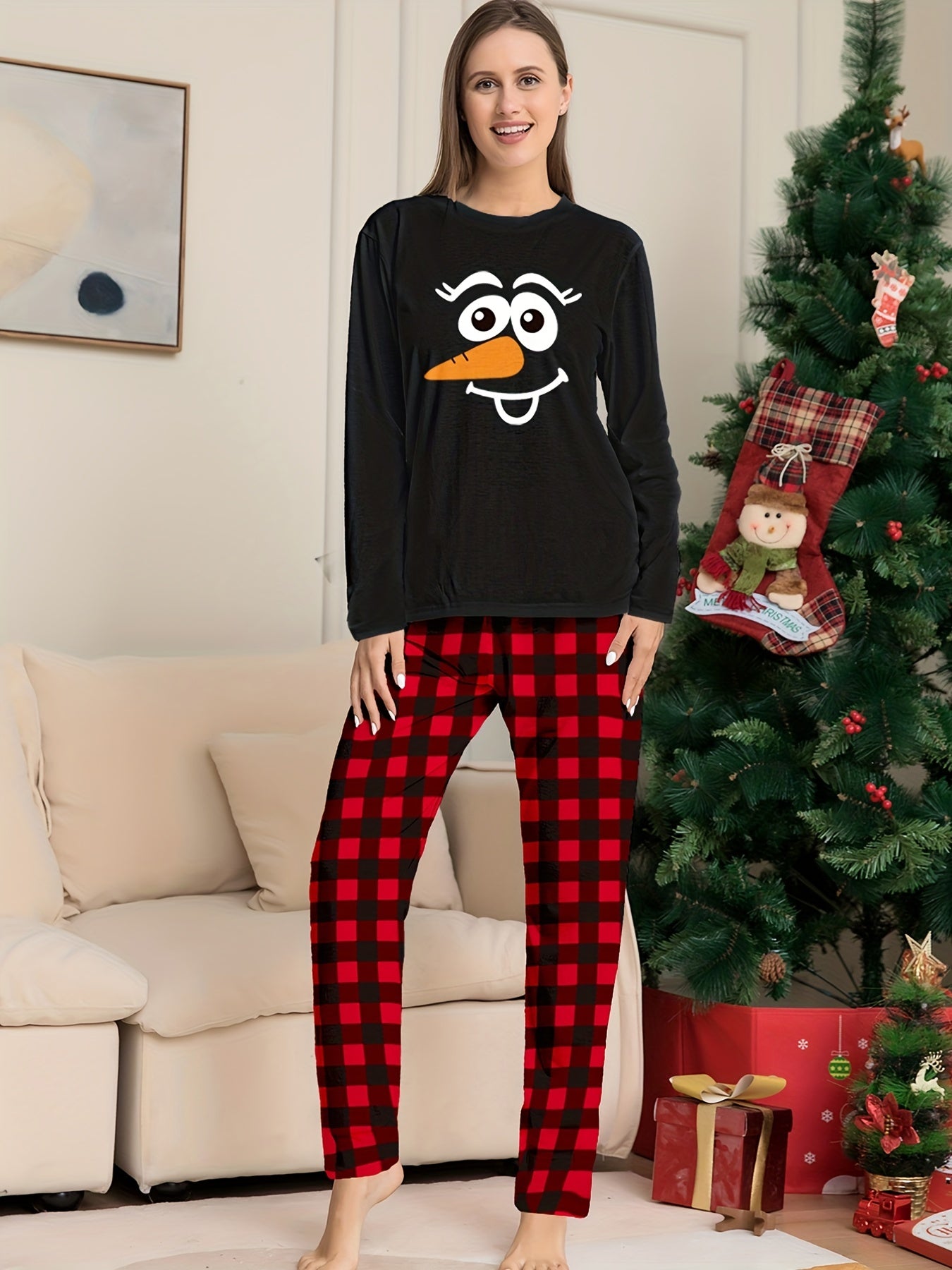 Christmas Print Pajama Set Long Sleeve Top & Plaid Pants