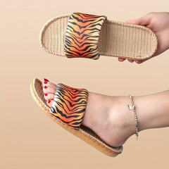 Women's Tiger Pattern Slide Sandals Linen Flat Shoes