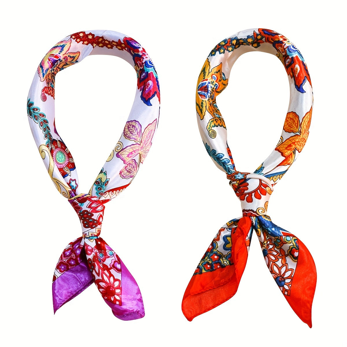 Flower Printed Square Scarf Silk Feeling Neck Scarf