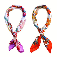 Flower Printed Square Scarf Silk Feeling Neck Scarf