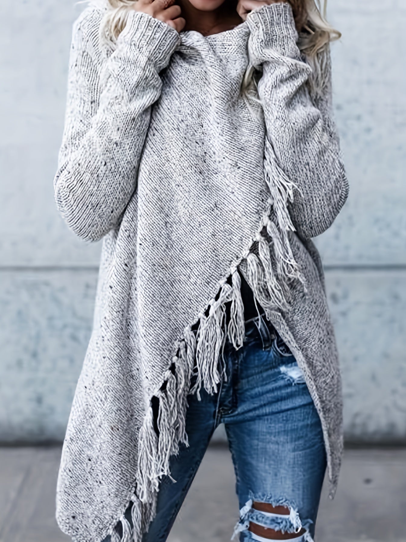 Casual Sweater Women's Plus Tassel Trim Cowl Neck Jumper