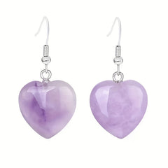 Heart Shaped Crystal Drop Earrings - Rose Quartz Amethyst