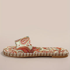 Women's Pattern Slide Sandals Open Toe Slip On Linen Flat Shoes