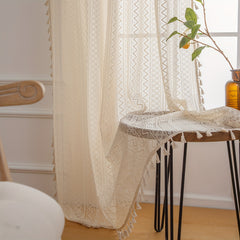 Bohemian Geometric Curtain with Beige Fringe for Home Decor