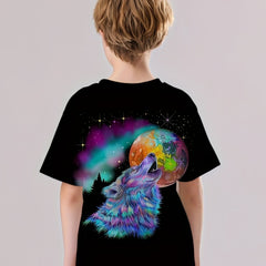 Colorful Wolf Print Kid's T shirt Casual Short Sleeve Top For Summer