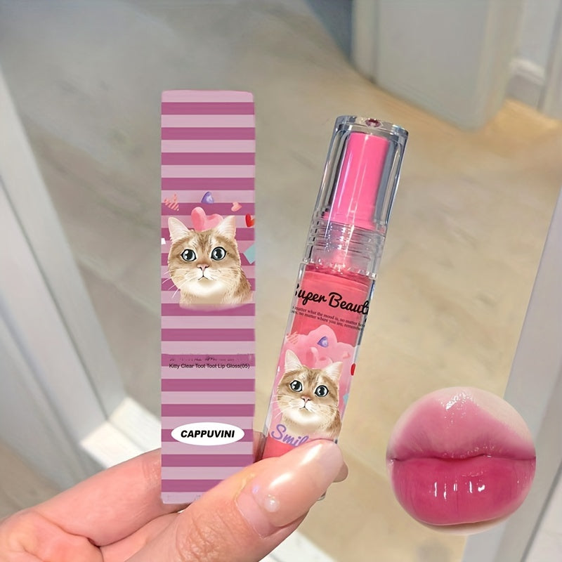 Cat Print 6 Jelly Lip Gloss Long Lasting Dew Sparkle Transparent Film