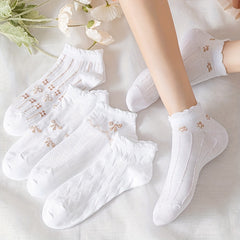 5 Pairs Bow Print Socks Sweet & Ruffle Short Socks