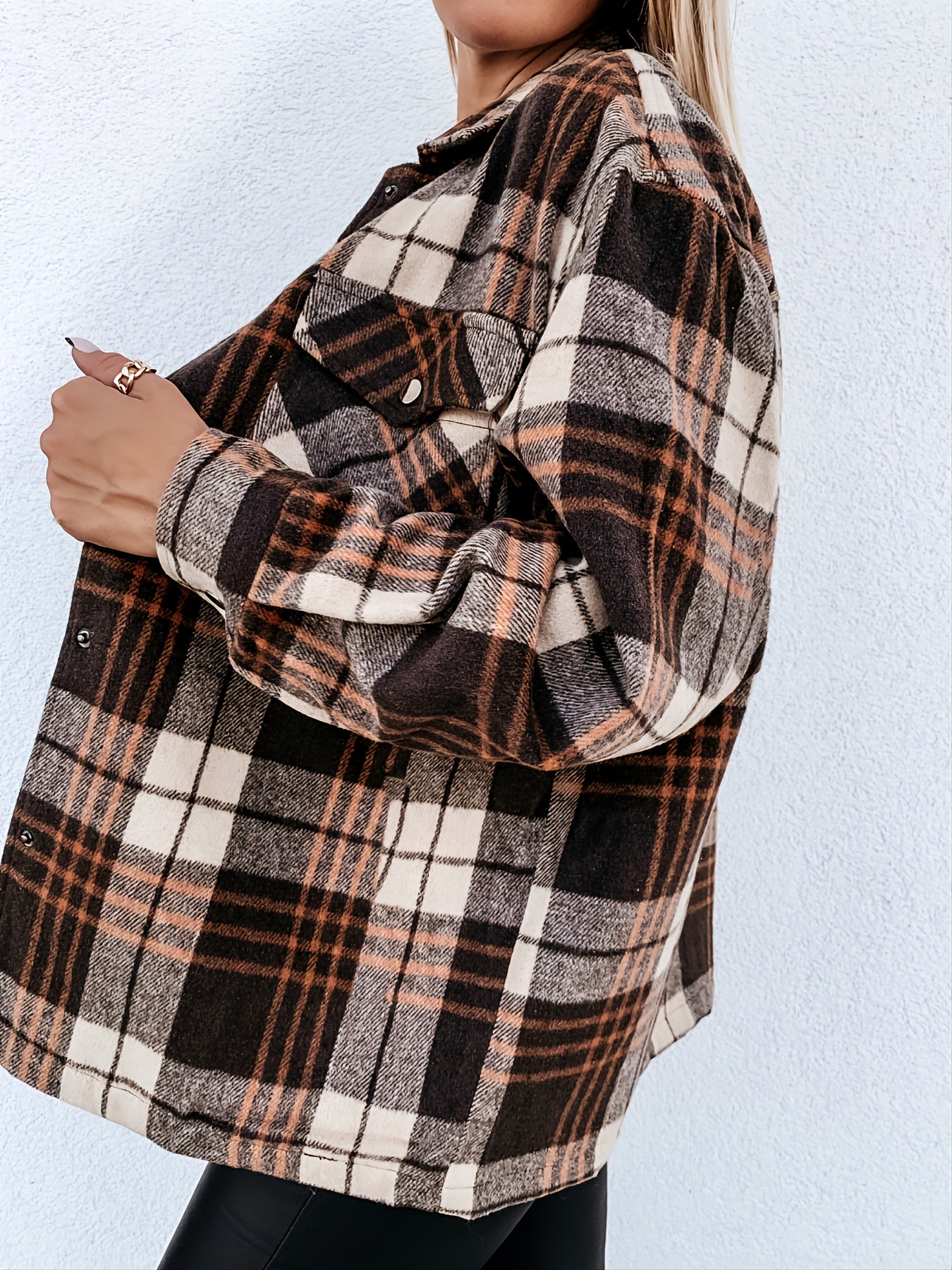 Brown Plaid Shirt Jacket Loose Casual Plaid Shacket For Spring & Fall