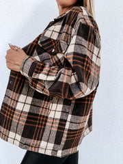 Brown Plaid Shirt Jacket Loose Casual Plaid Shacket For Spring & Fall