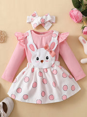 3pcs Baby Girl Polka Dot Rabbit Suspender Skirt Set