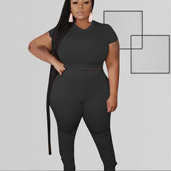 Solid Crop Top & High Waist Pant Set Women's Plus Casual Co ords