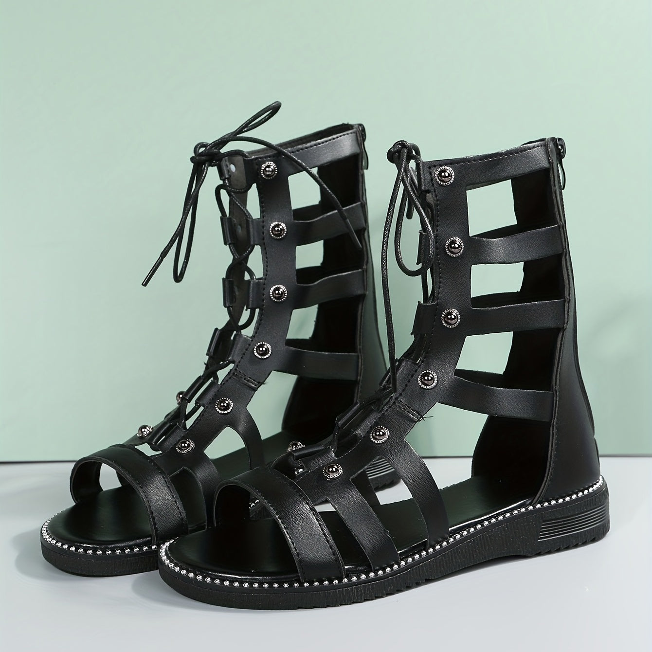 Women's Back Zipper Flat Sandals Comfortable Round Open Toe Lace Up Shoes
