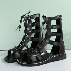 Women's Back Zipper Flat Sandals Comfortable Round Open Toe Lace Up Shoes