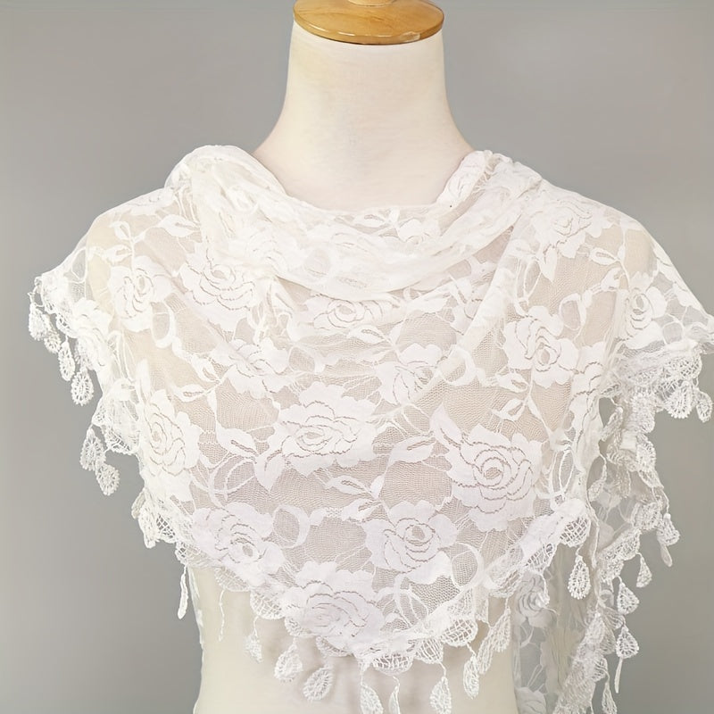 Rose Embroidery Lace Tassel Triangle Scarf Outdoor Windproof Head Wrap