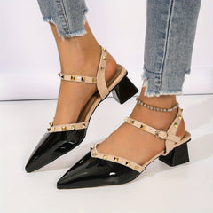 Rivets Decor Chunky Heel Sandals Point Toe Buckle Strap Slingback Heels