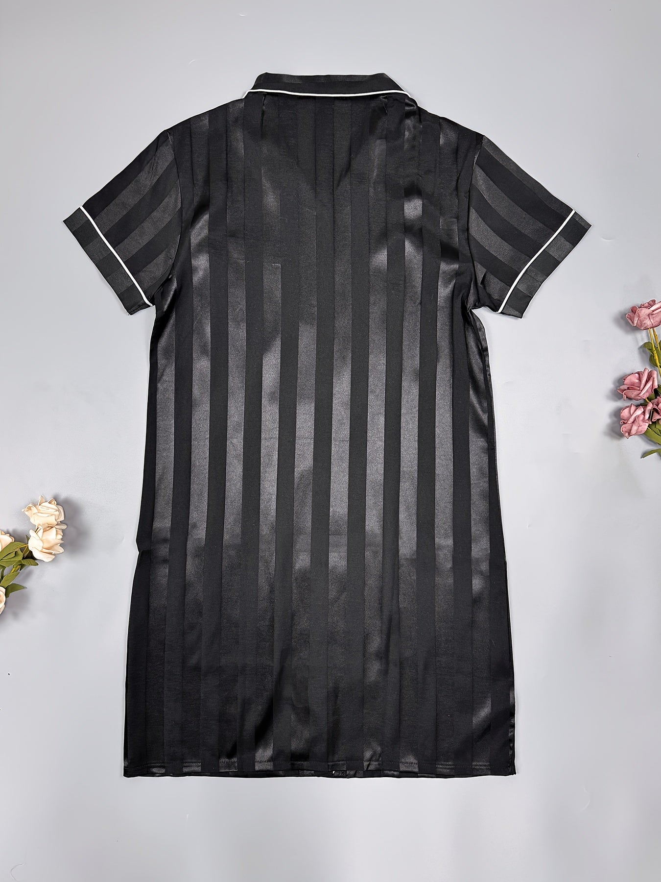 Striped Print Satin NightDress Short Sleeve Pajama Dress Women's Sleepwear