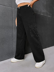 Solid High Rise Wide Leg Cargo Jeans With Pockets