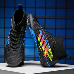 Boy's High Top Striped Football Boots Outdoor Anti skid Lace Up Soccer Cleats