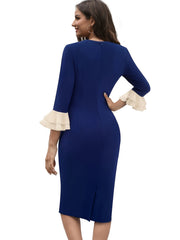Tie Neck Ruffle Trim Midi Dress 3 4 Sleeve