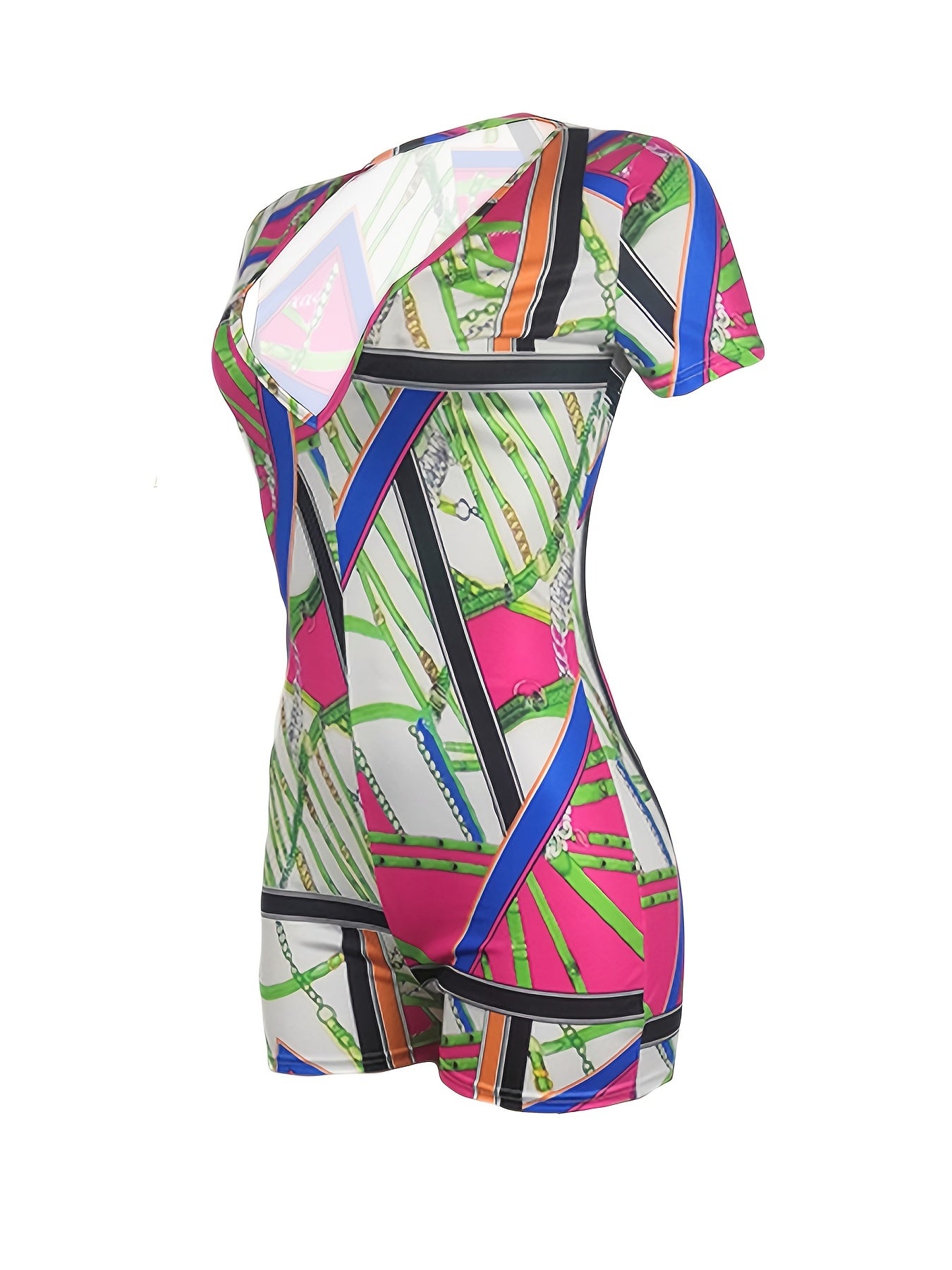 Chain Print Deep V Neck Romper Jumpsuit Short Sleeve Slim Romper
