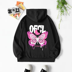 Butterfly Print Hooded Sweatshirt with Kangaroo Pocket
