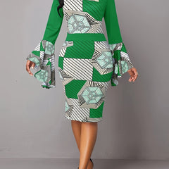 Geometric Stripe Print Bell Sleeve Midi Dress