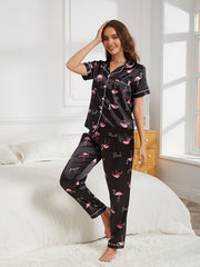 Flamingo Print Pajama Set Short Sleeve Top & Pants