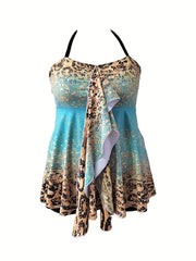 Leopard Print Ruffle Tankini Set Backless Two Piece