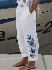 Butterfly Print Elastic Waist Pants Casual Loose Pants