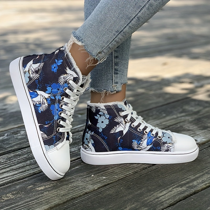 Women's Floral High Top Canvas Sneakers Lace Up Flat Shoes