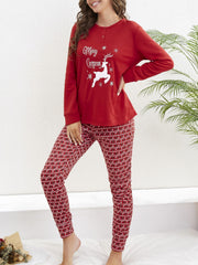 Elk Print Pajama Set Long Sleeve Top & Pants Women's Sleepwear