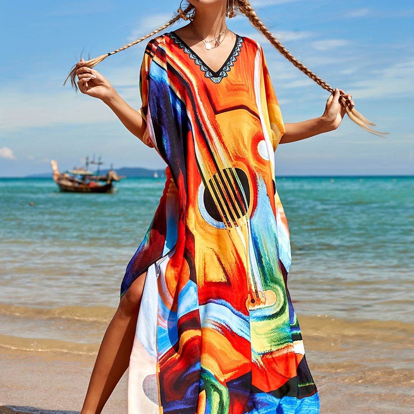 Boho Cover Up Women's Plus Abstract Guitar Print V Neck Side Split Cov