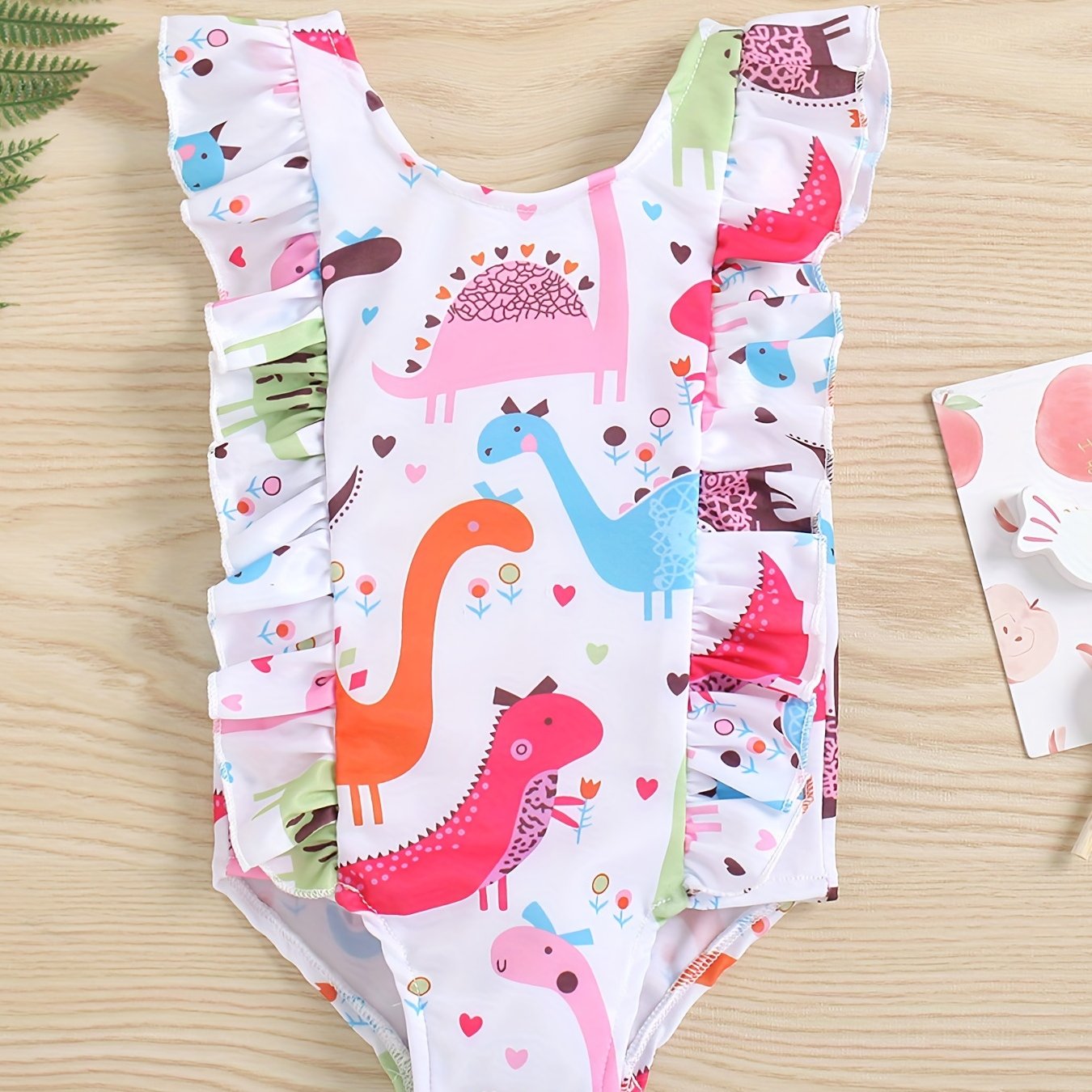 Baby Girls Dinosaur Print Ruffle Trim Swimsuit