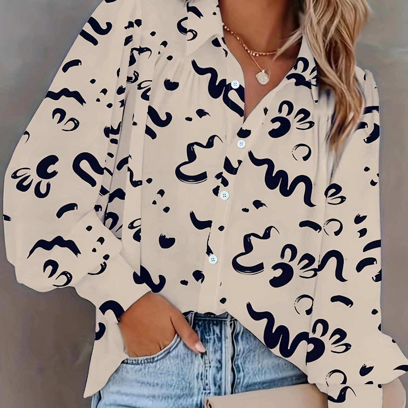 Graffiti Print Button Up Lantern Sleeve Blouse
