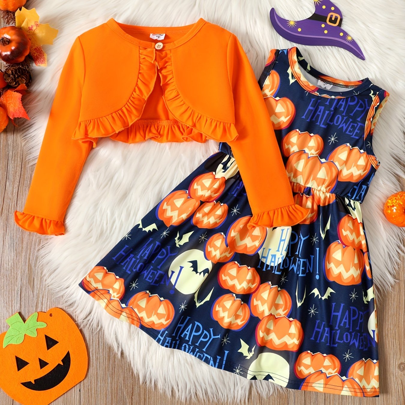 2pcs Toddler Girls Halloween Sets - Ruffle Trim Cardigan & Pumpkin Dress