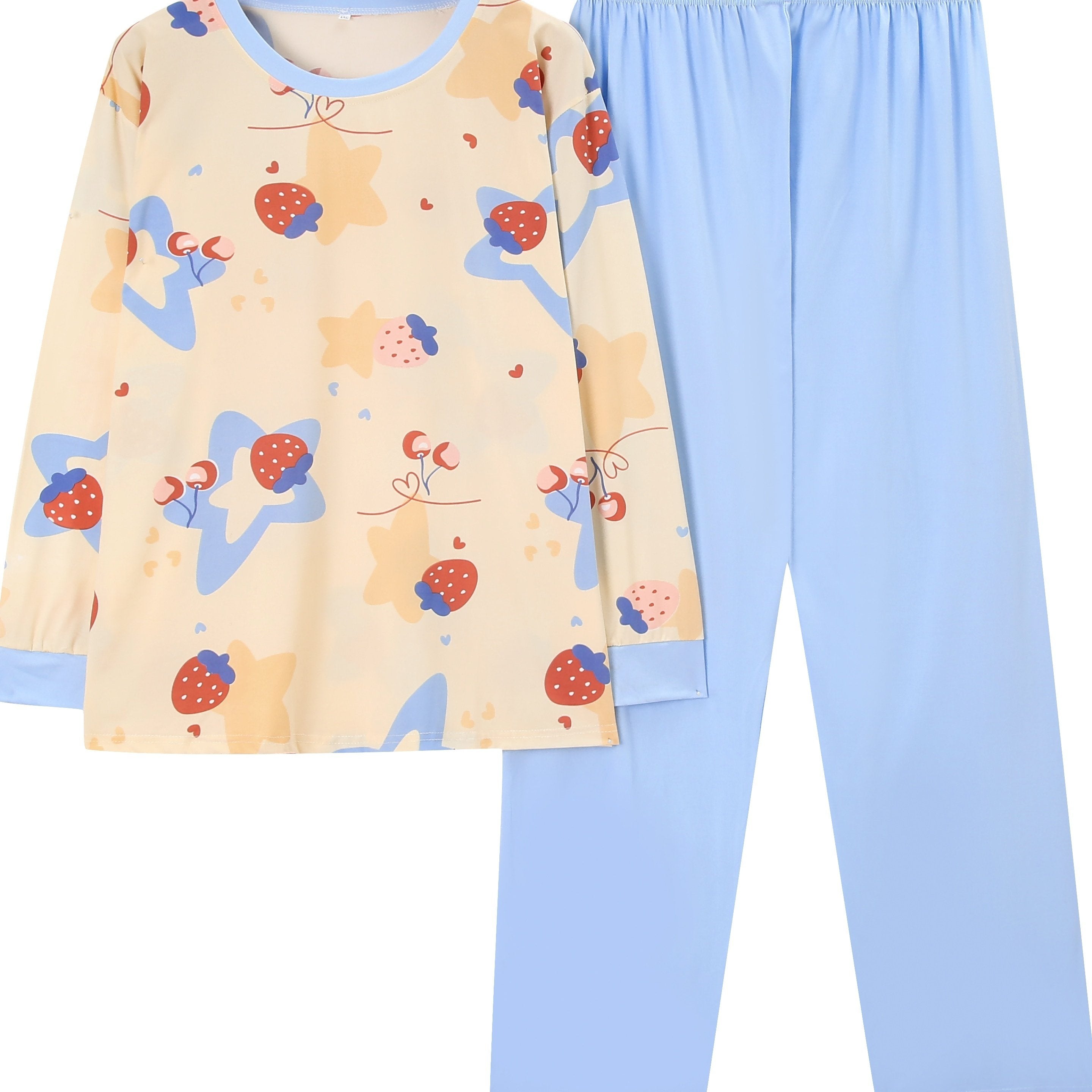 Strawberry & Star Print Pajamas Set Long Sleeve Tee & Pants 2pcs
