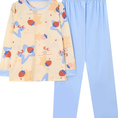 Strawberry & Star Print Pajamas Set Long Sleeve Tee & Pants 2pcs