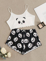 Panda Print Pajama Set Cami Top & Bow Tie Shorts