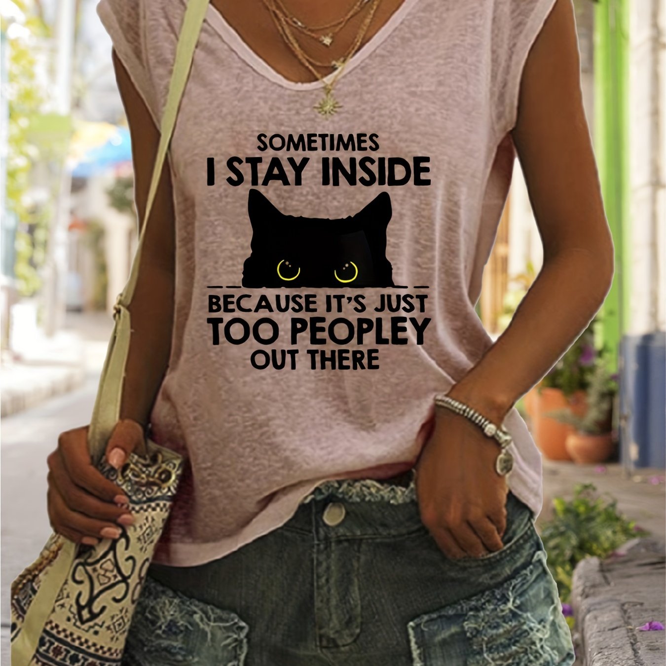 Cartoon Cat Print Tank Top V Neck Casual Top for Women