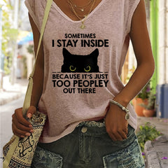 Cartoon Cat Print Tank Top V Neck Casual Top for Women