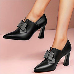 Rhinestone Bow High Heels Pointed Toe Slip On Dress Shoes